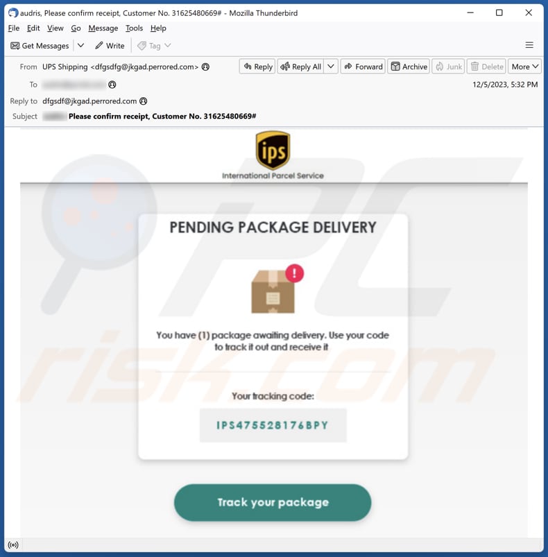 email de phishing IPS Pending Package Delivery