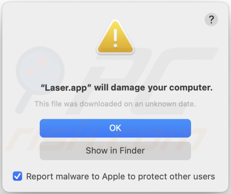 Pop-up apresentado quando o adware Laser.app é detectado no sistema