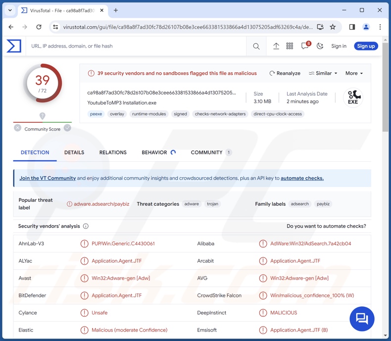 Detecções do PUA:Win32/Presenoker no VirusTotal