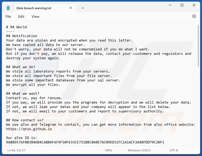 Nota de resgate do ransomware RA World (Data breach warning.txt)