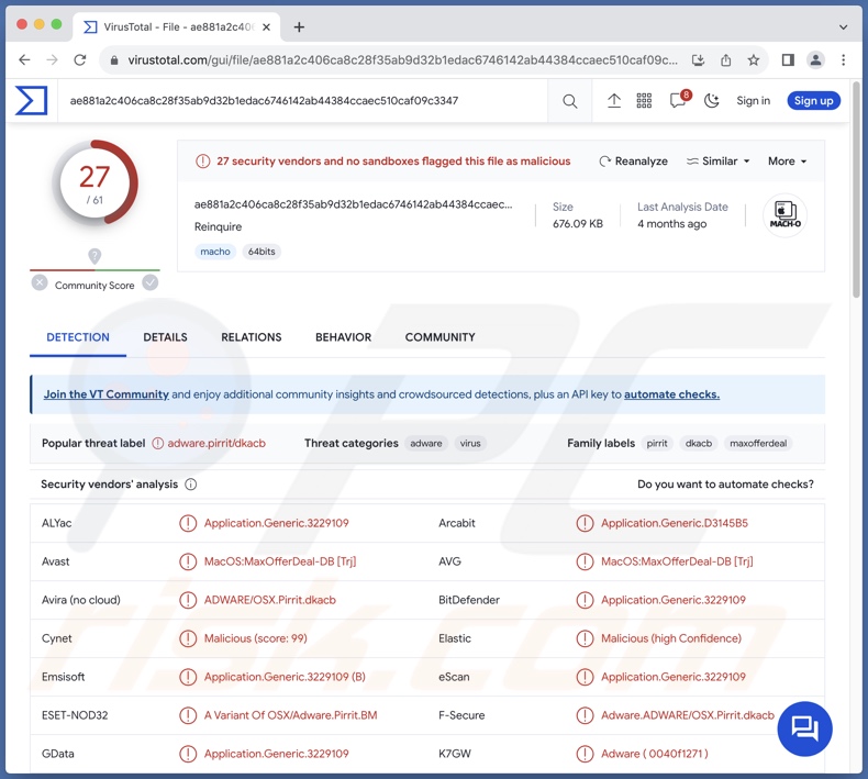 Detecções do adware Reinquire no VirusTotal