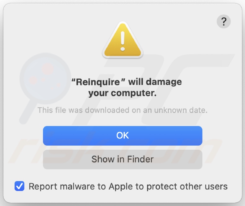 Pop-up apresentado quando o adware Reinquire é detectado no sistema