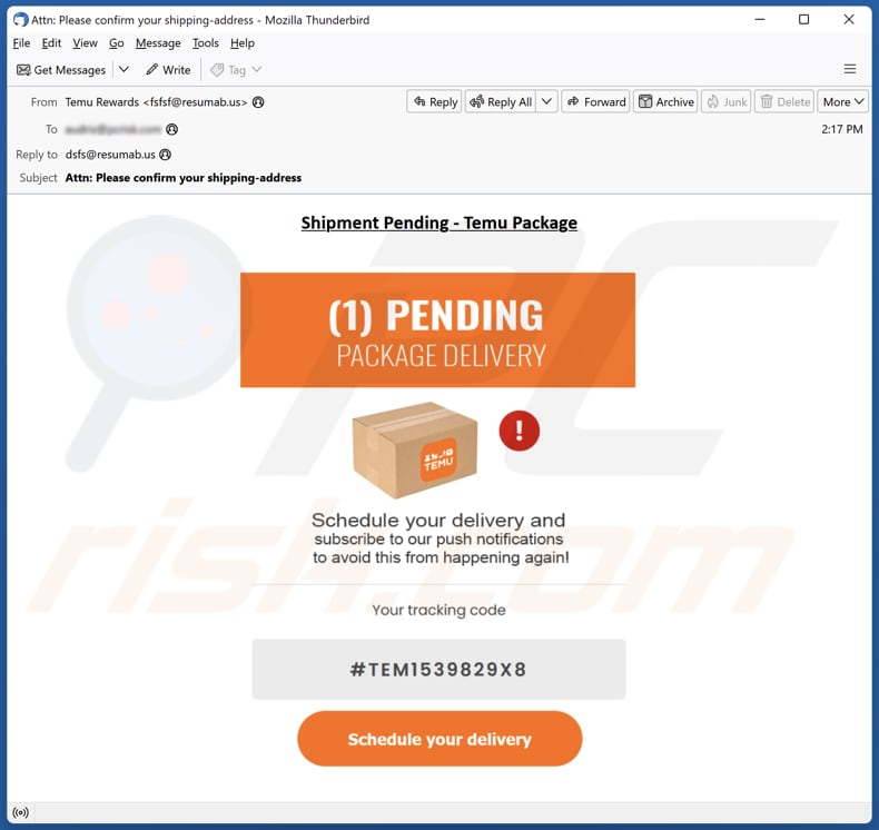 campanha de spam por email Temu - Pending Package Delivery