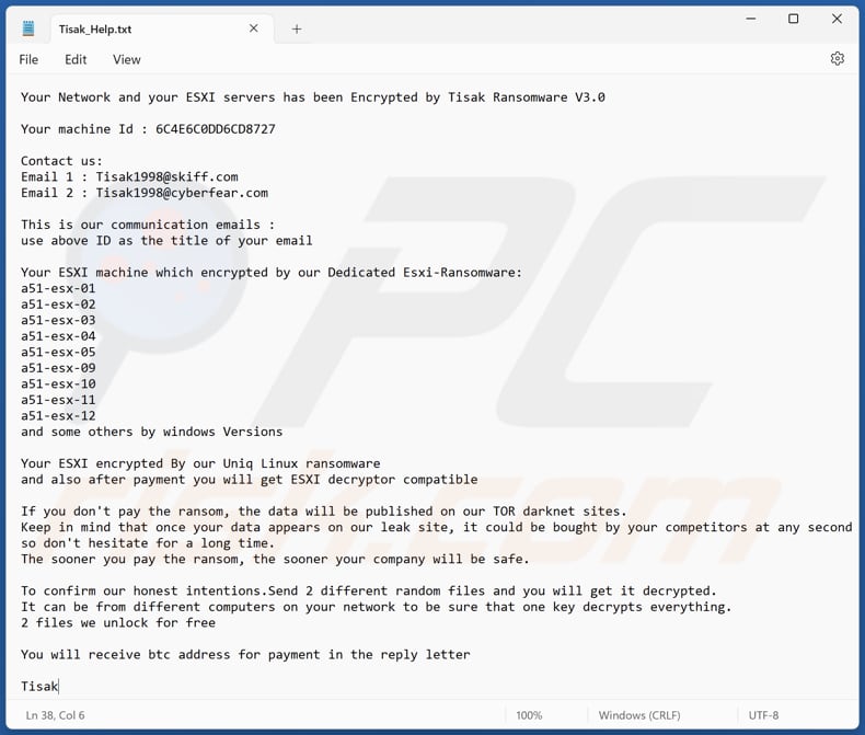 Ficheiro de texto do ransomware Tisak (Tisak_Help.txt)