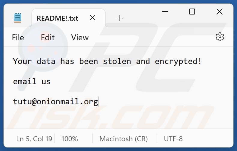 Ficheiro de texto do ransomware Tutu (README!.txt)