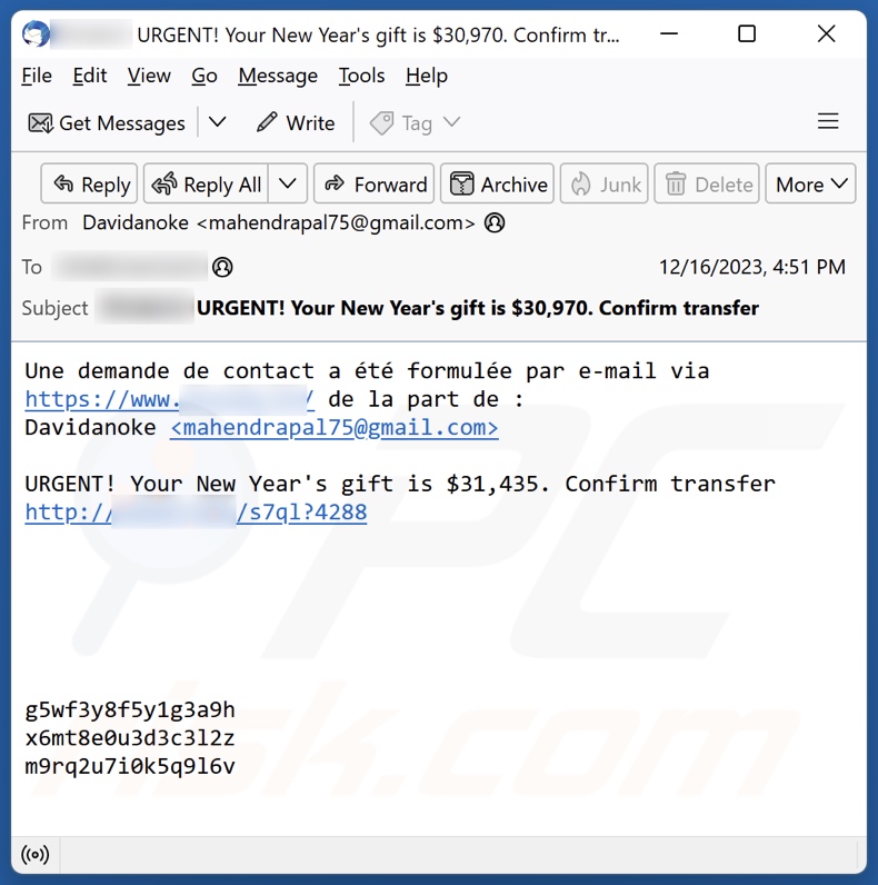 fraude que promove o email de spam You Have Received A Bitcoin Transfer
