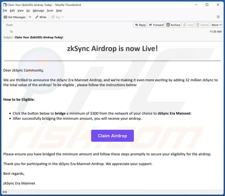 Email de promoção da fraude zkSync