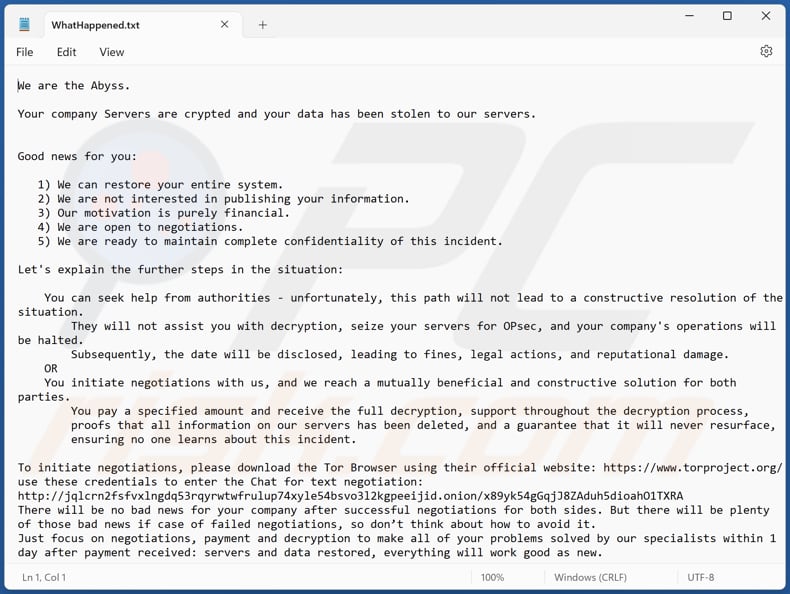 Ficheiro de texto do ransomware Abyss (WhatHappened.txt)