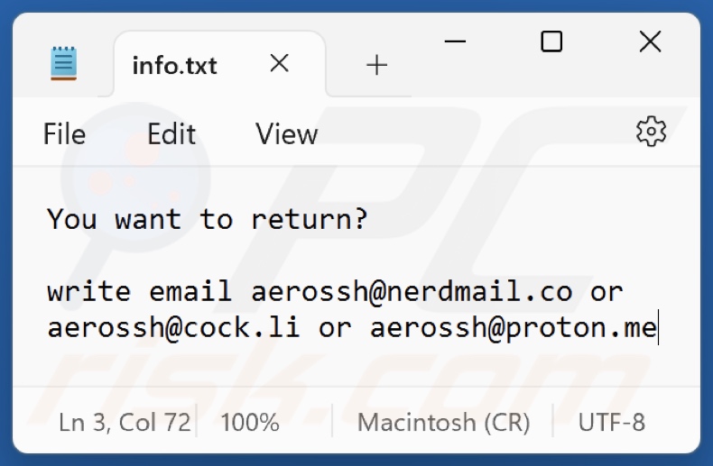 Ficheiro de texto do ransomware AeR (info.txt)