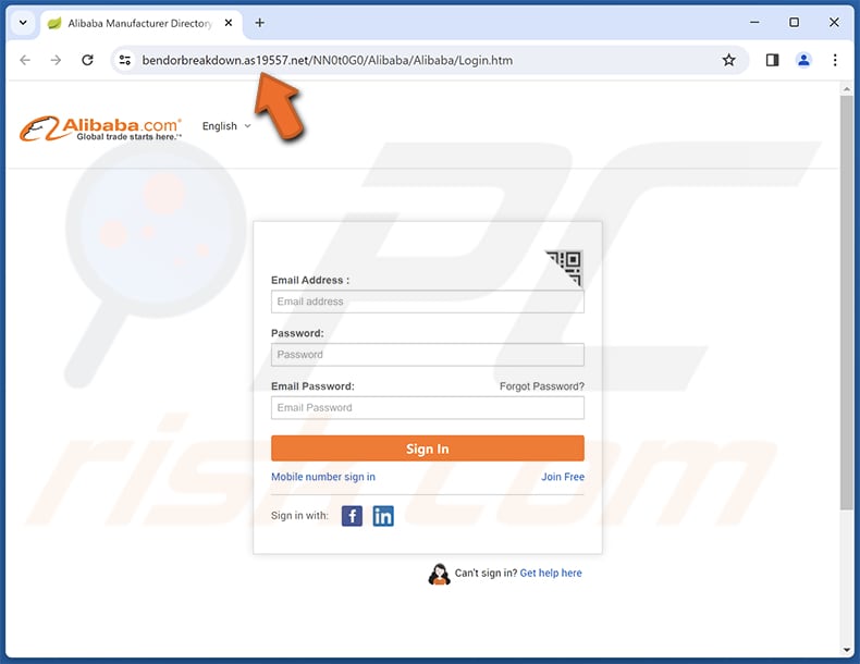 página da fraude de phishing Alibaba email