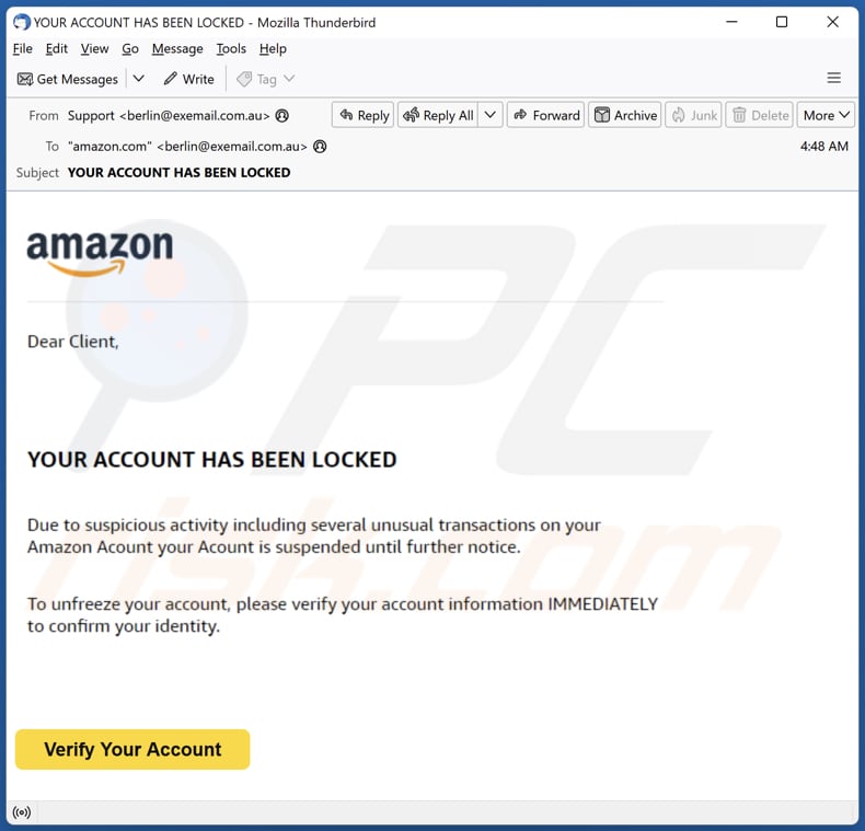 campanha de spam por email Amazon - Your Account Has Been Locked