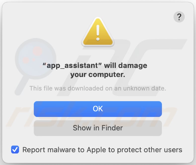 Aviso do adware app_assistant antes da instalação