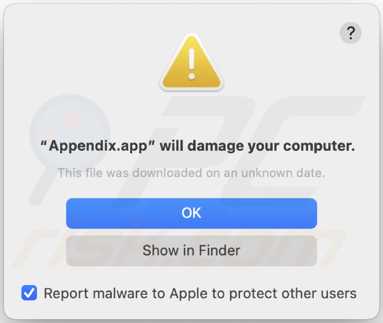 Pop-up apresentado quando o adware Appendix.app é detectado no sistema