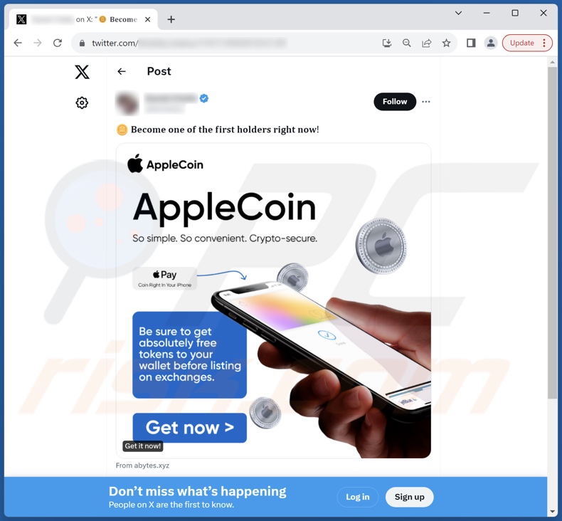 Publicação de X (Twitter) a apoiar a fraude AppleCoin