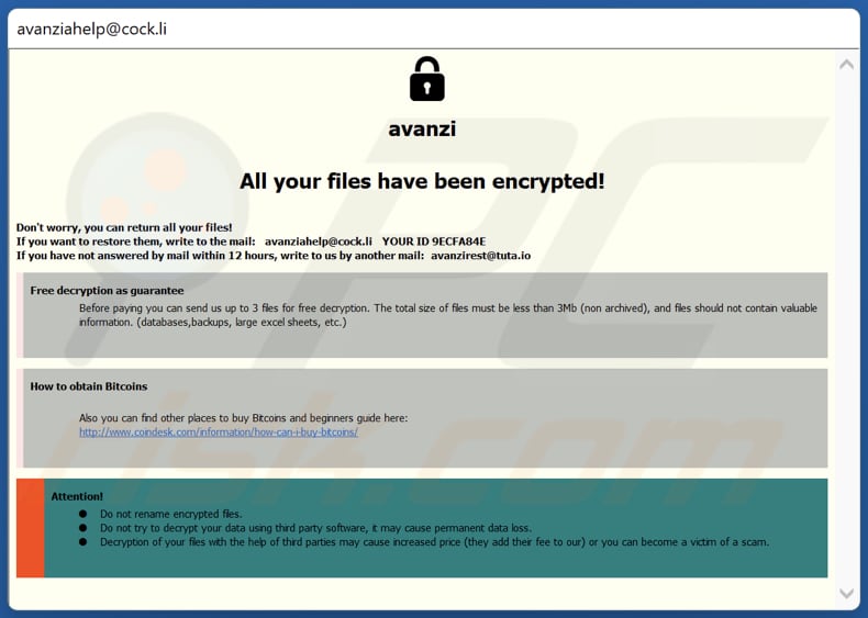 Nota de resgate do ransomware Avanzi (janela pop-up)