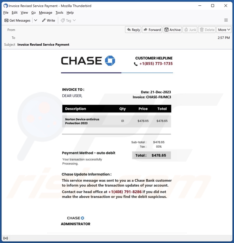 campanha de email spam Chase Bank Invoice