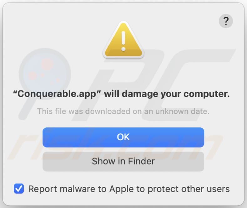 Aviso do adware Conquerable.app