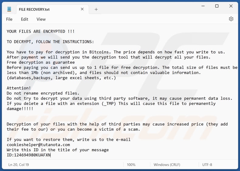 Ficheiro de texto do ransomware CookiesHelper (FILE RECOVERY.txt)