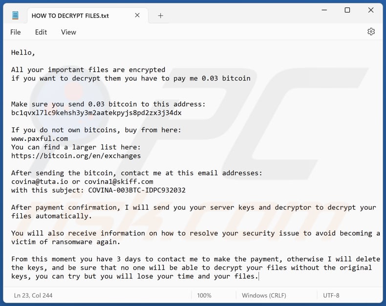 Ficheiro de texto do ransomware CoV (HOW TO DECRYPT FILES.txt)