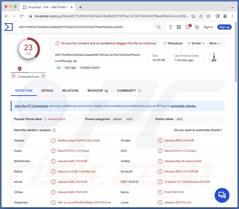 Detecções do adware Cumbha.app no VirusTotal