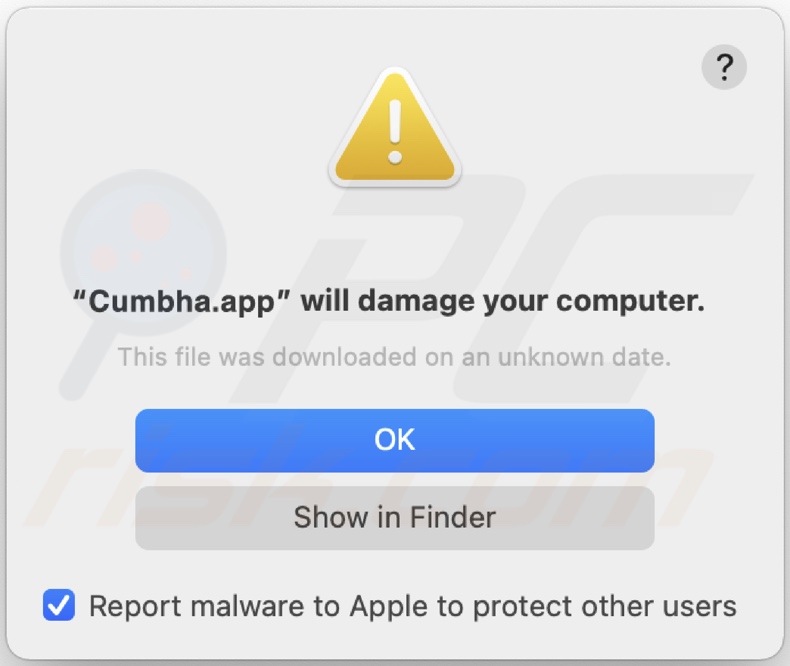 Pop-up apresentado quando o adware Cumbha.app é detectado no sistema