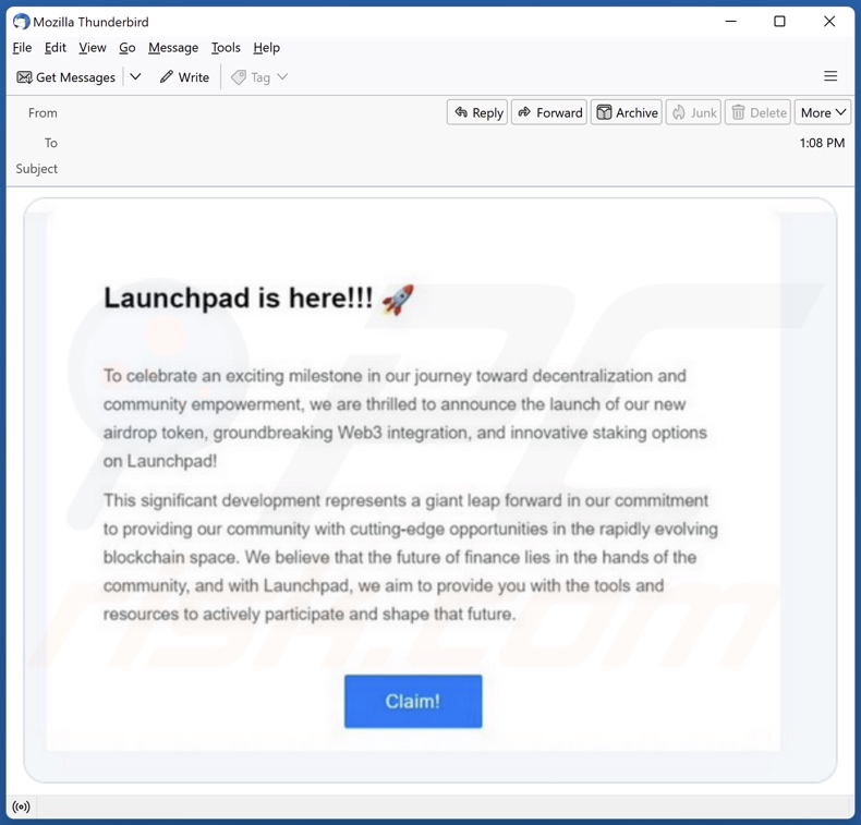 Email de spam que promove a fraude De.Fi Launchpad Airdrop