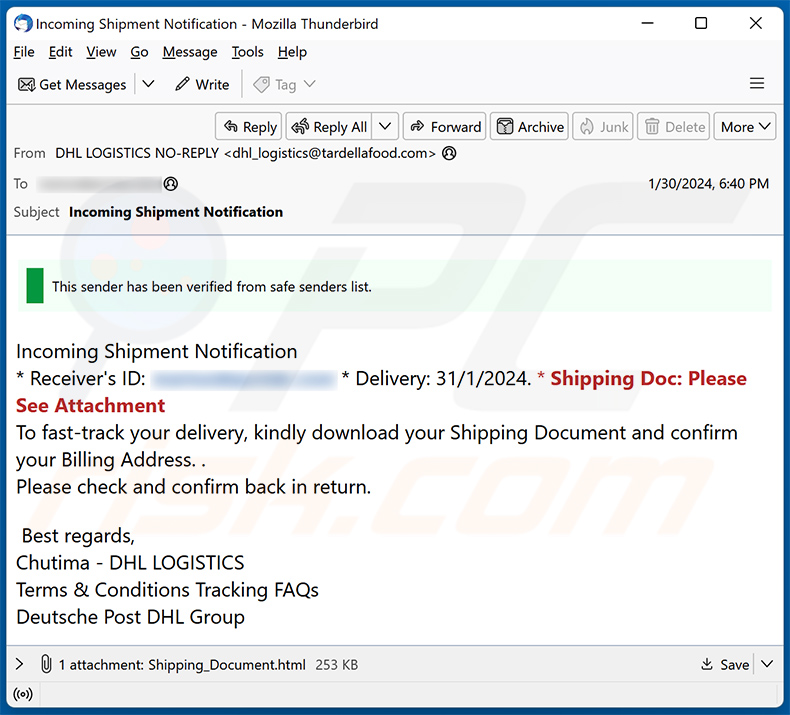 DHL - Incoming Shipment Notification email fraude (2024-02-01)