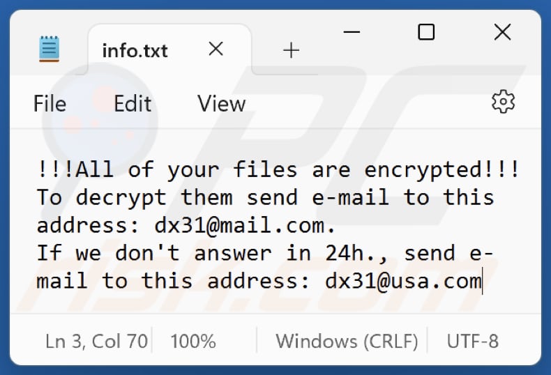 Nota de resgate do ficheiro de texto do ransomware Dx31 (info.txt)