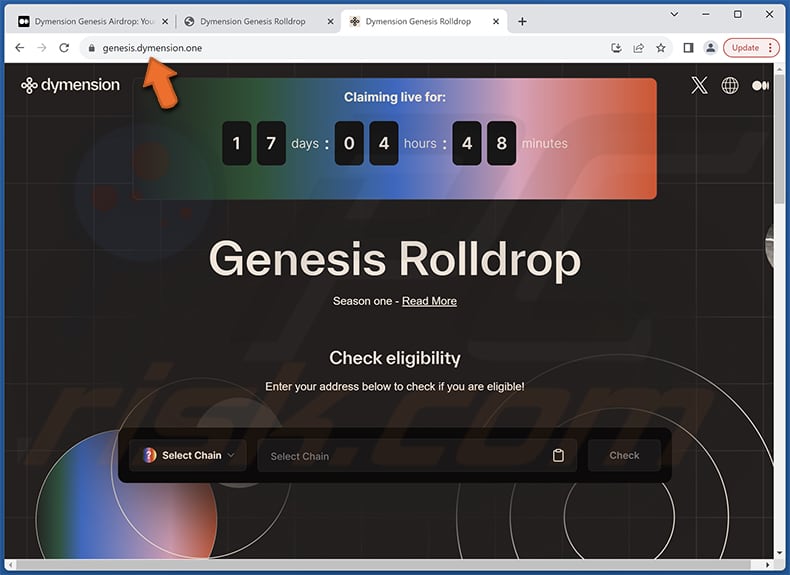 Outra variante da página da fraude Dymension Genesis