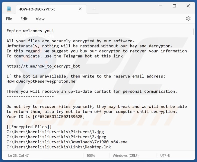 Ficheiro de texto do ransomware Empire (HOW-TO-DECRYPT.txt)