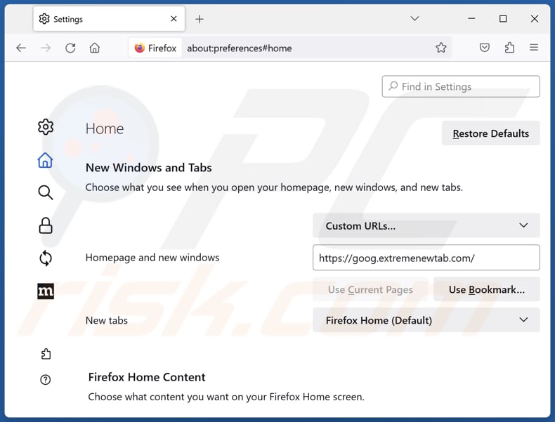 Removendo extremenewtab.com da página inicial do Mozilla Firefox