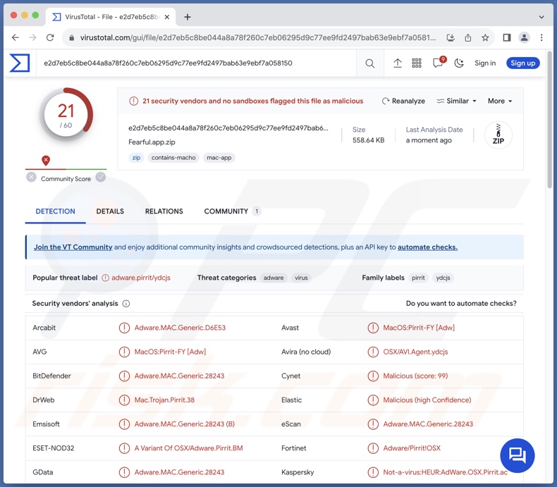 Detecções do adware Fearful.app no VirusTotal