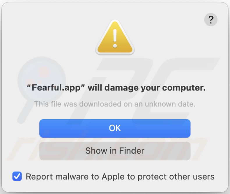 Pop-up apresentado quando o adware Fearful.app é detectado no sistema