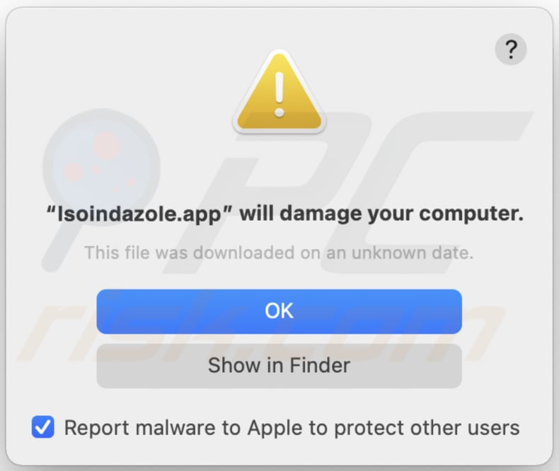 O aviso pop-up de adware Isoindazole.app