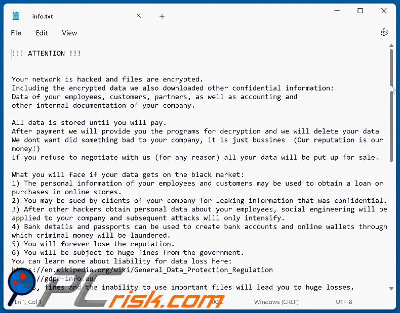 Ficheiro de texto da nota de resgate do ransomware Jopanaxye (info.txt)
