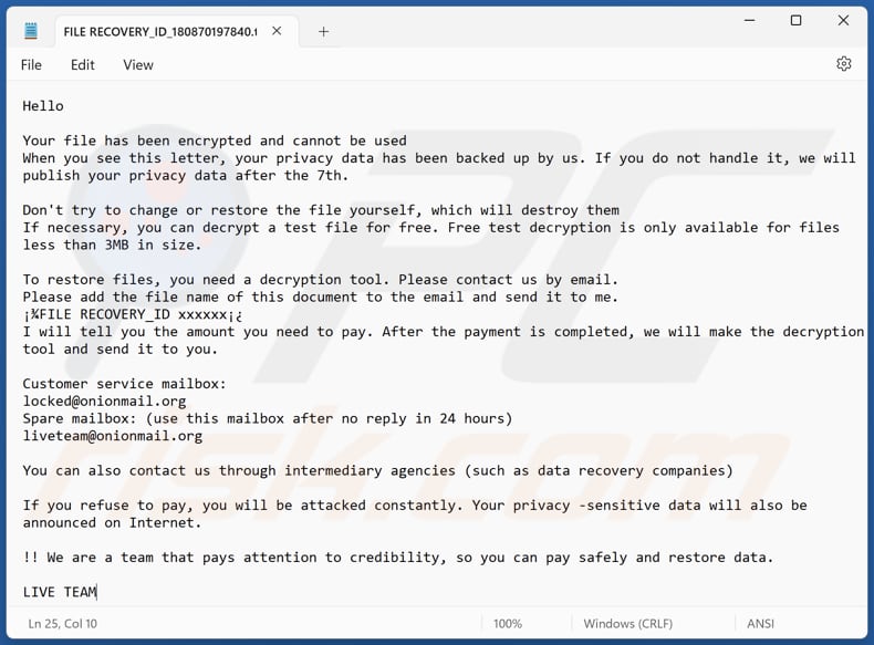 Ficheiro de texto do ransomware LIVE TEAM (FILE RECOVERY_ID_[victim's_ID].txt)