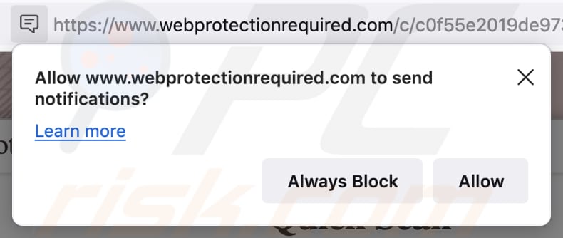 site a pedir permissão para enviar notificações de MacOS Is Infected - Virus Found Notification Scam no Firefox