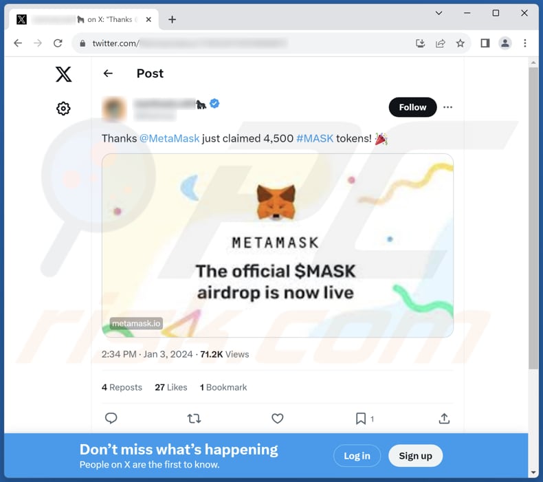 Publicação X (Twitter) da Fraude Mask token airdrop  que promove a fraude