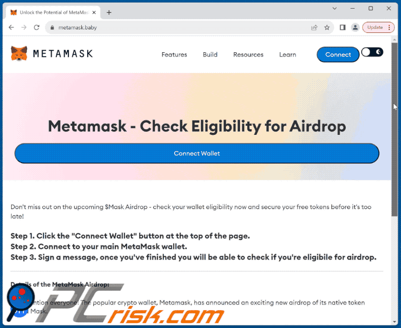 Aparência do Metamask Airdrop scam