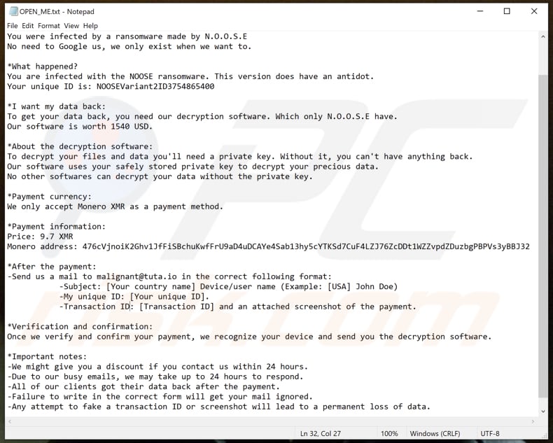 Ficheiro de texto do ransomware NOOSE (OPEN_ME.txt)
