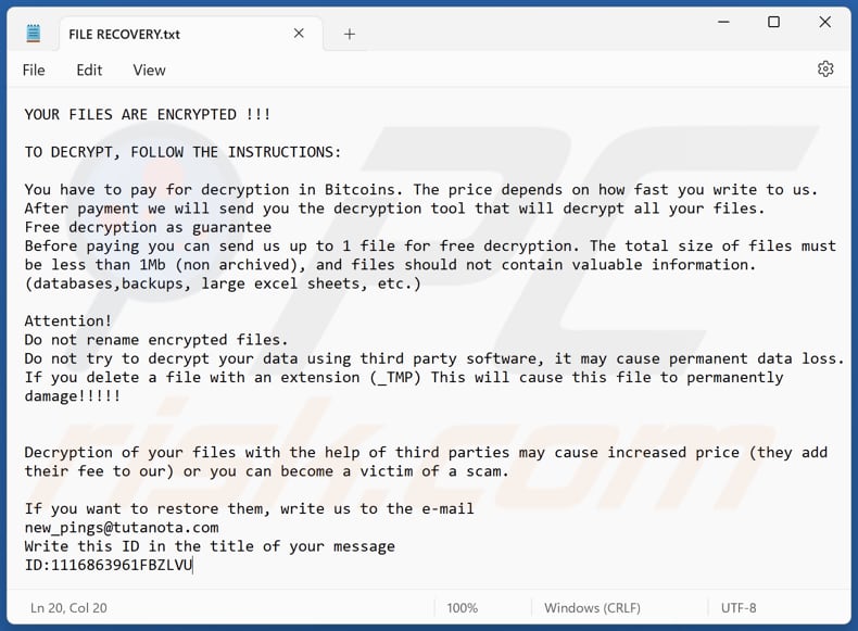 Ficheiro de texto do ransomware Pings (FILE RECOVERY.txt)