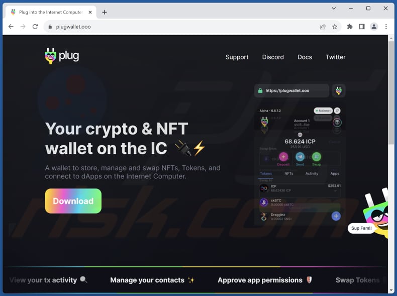 Página legítima da fraude Plug wallet (plugwallet.ooo)