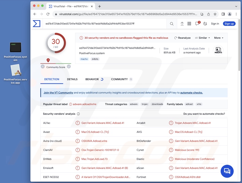 Detecções do adware PositiveFocus no VirusTotal