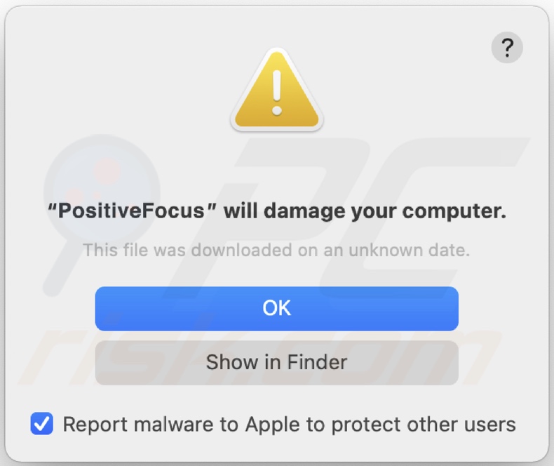 Pop-up displayed when PositiveFocus adware is detected on the system