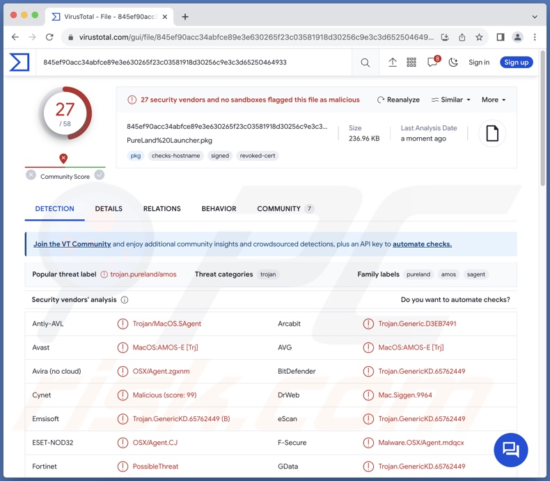 Detecções do malware PureLand no VirusTotal