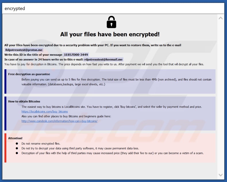 Nota de resgate pop-up do ransomware Rdptest (info.hta)