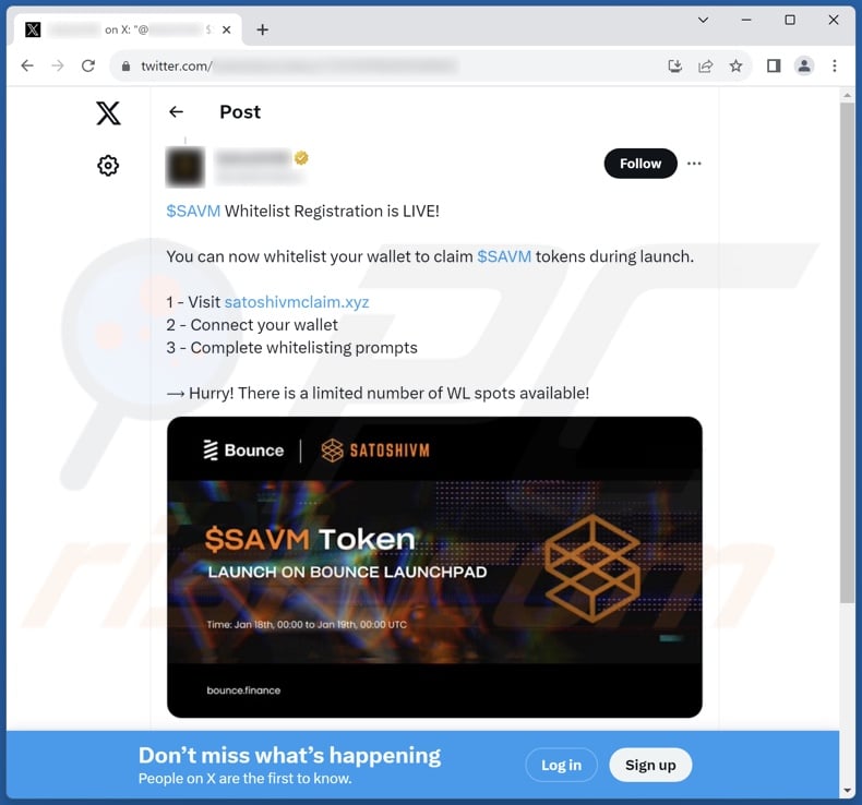 Publicação X (Twitter) a patrocinar a fraude the SatoshiVM Token Airdrop