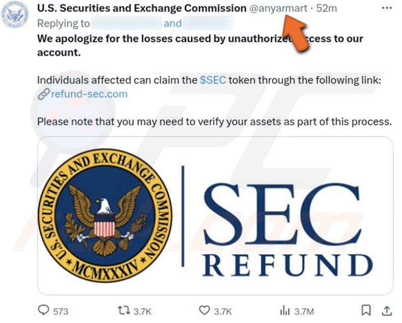 publicação  X (Twitter) a promover a fraude SEC Token Refund Airdrop 