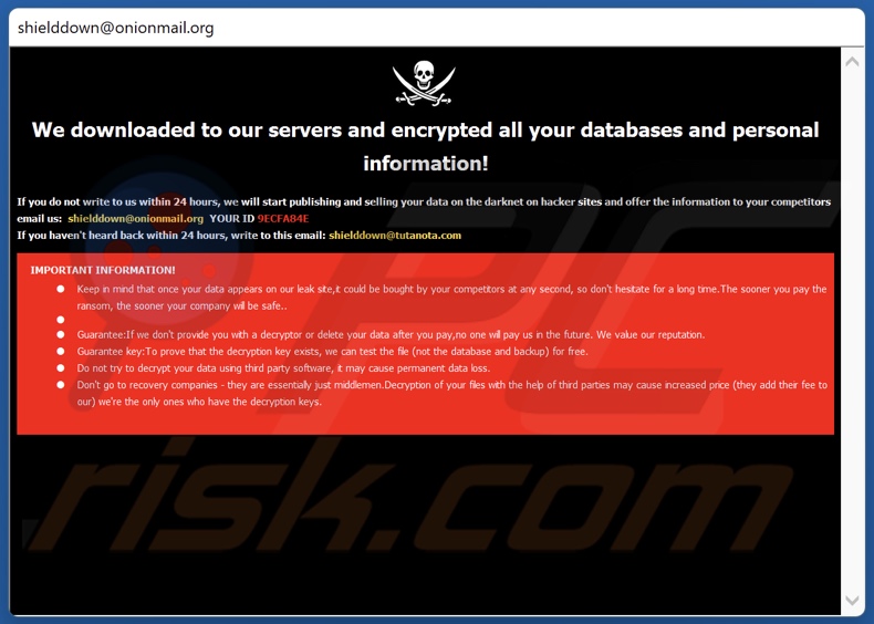 Nota de resgate do ransomware Shiel (pop-up)