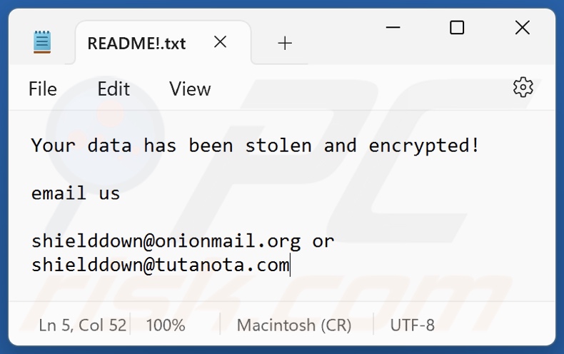 Ficheiro de texto do ransomware Shiel (README!.txt)